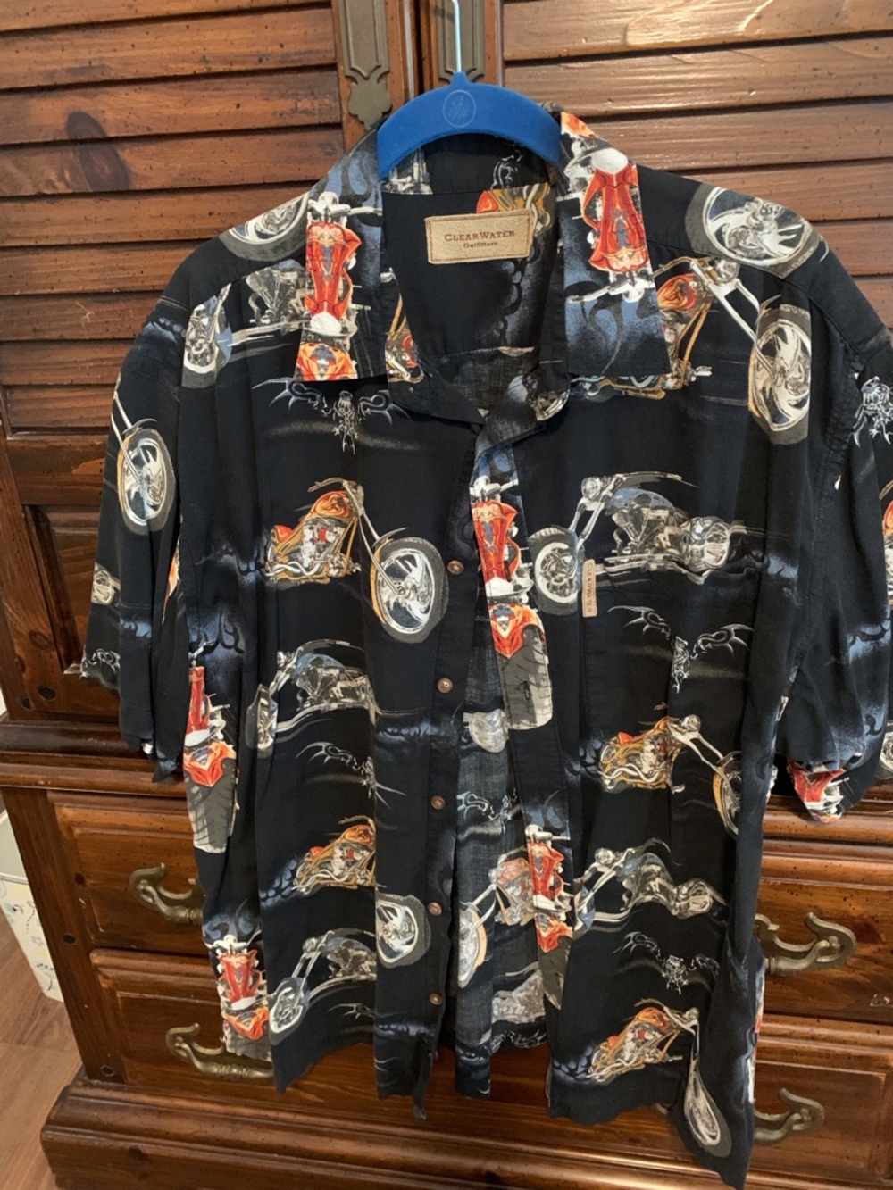 Clearwater Men's Black Short-Sleeve Button-Down Shirt with Motorcycle Print